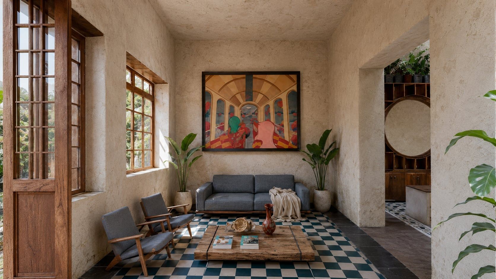 Sala con muros de cal, sillones grises, mesa de madera y piso de mosaico